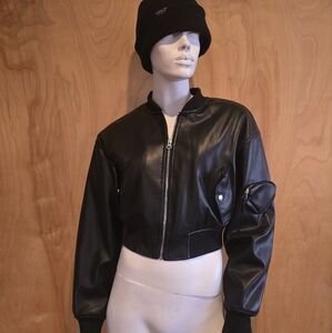 Black faux leather cropped Bomber Jacket